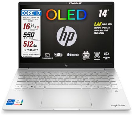 HP Notebook 14 OLED 2,8K, Core™ i7-13700H 14Core, 24M Cache, fino a 5GHz, Ram 16Gb LPDDR5 da 6400MHz, SSD Pci 512Gb NVMe, WI-FI 6E, Tastiera retroilluminata e fingerprint, WIN 11, preconfigurato