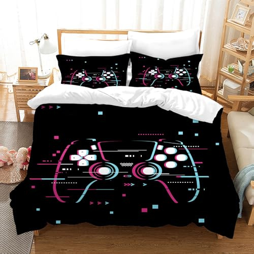 PorjDN sängkläder set gaming sängkläder set pojkar gamepad sängkläder örngott 65 x 65 cm set 3D effekt gamepad tryck mikrofiberpåslakan. (stil C, 140 x 200 cm)