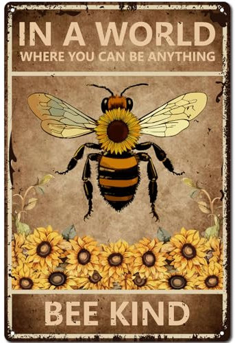 CREATCABIN Bee Metal Tin Sign Garden Metal Poster Inspirational Quotes Bee Kind Vintage Plaques Gallery Wall Signs Retro Poster Hanging Decoration for Home Office Garden Indoor Outdoor 12x8 Inch