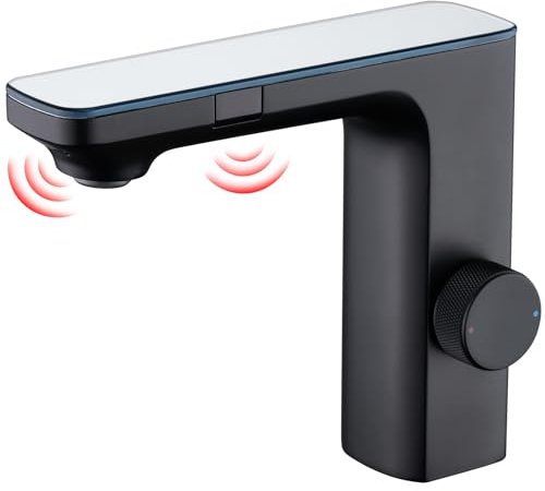 CREA Infrarot Sensor Wasserhahn Bad, Automatisch Sensor Mischbatterie Bad, Berührungsloser Waschtischarmatur Bad, Armatur Waschbecken mit Sensor, Matt Schwarz