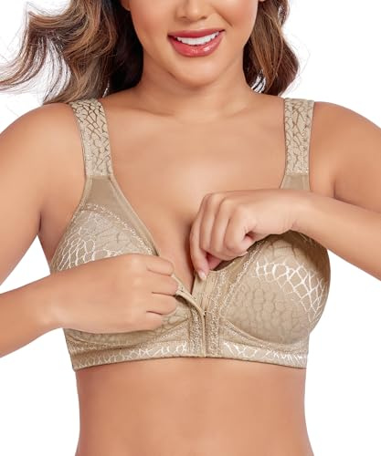Curyon Sujetador Reductor para Mujer Sin Varilla Cierre Frontal Tallas Grandes Sostenimiento Fuerte Copa Completa Sin Relleno Espalda en X Diseño Clásico Marrón 100G