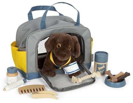 Small Foot Hund mit Tasche und Pflege-Set, 15-teiliges Haustier-Spielzeug für Kinder ab 2 Jahren, Rollenspiel Set für Tierpflege, 12600