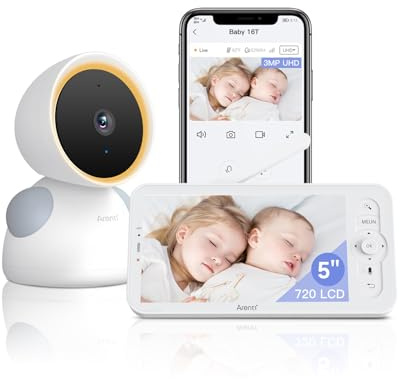 ARENTI Baby Monitor Video e Audio,2K Telecamera Bambini con Monitor 5‘’,Rilevamento di Temperatura/Umidità e Suoni/Movimenti, Visione Notturna, Promemoria di Allattamento, Audio Bidirezionale