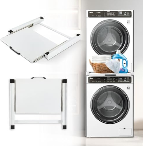 Ollewiellan Telaio di collegamento per lavatrice/asciugatrice, telaio intermedio con piastra allungabile in acciaio, telaio intermedio, lavatrice per tutte le marche, 60 x 60 cm, fino a 150 kg, bianco