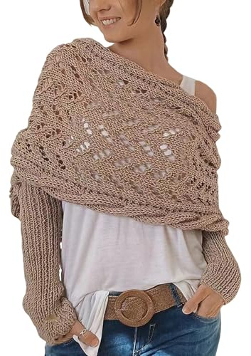 Womens Knitted Double Sleeve Scarf Multifunctional Scarf with Sleeves Knitted Cable wrap, Shrugs for Women, Knitted wrap-Kahki