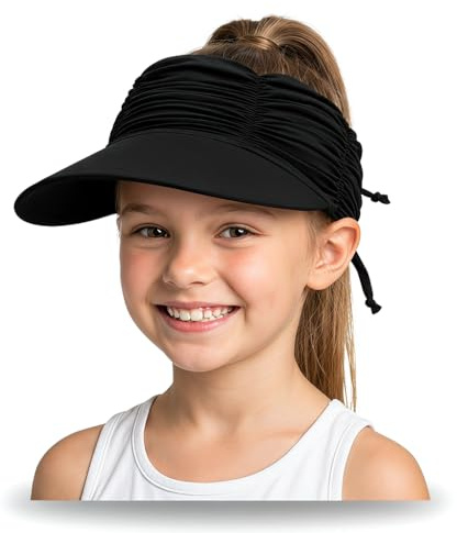 YAMEE Skärmkepsar för flickor, snabbtorkande, strandhatt, barn, lätt justerbar, utomhusvisir för barn med tom toppdesign, solhatt för flickor med brett brätte, solskärm sportkeps, Svart, M