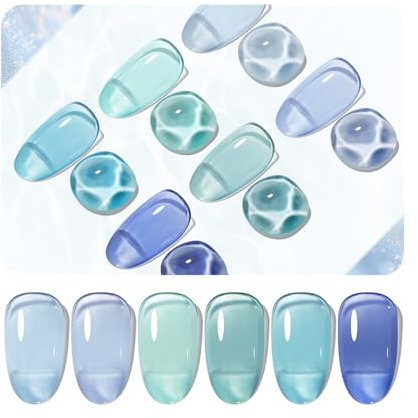 JODSONE Juego de esmalte de uñas de gel de gelatina de 10 ml, 6 colores, azul océano, turquesa, esmalte de gel con cristal, duradero, para todas las estaciones, necesita lámpara U V