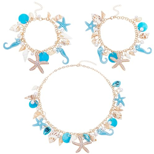 UNICRAFTALE 3 estilos collar estrella de mar concha pulsera perla concha plastron collares pulseras encanto conjunto verano playa collar pulsera tema océano joyas para mujeres, Zinc