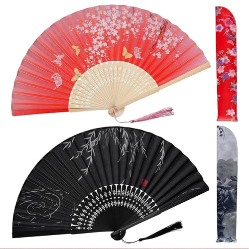 AstraGlam 2 Pezzi ventaglio Rosso e Nero, ventagli Pieghevoli in bambù con Nappa e Custodia in Tessuto, ventagli per Donna in Stile Cinese e Giapponese per Estate, Matrimonio e Festa