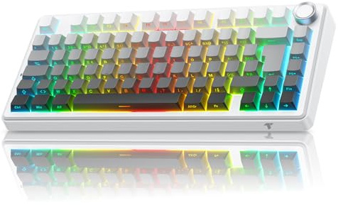 TECURS 75% Gasket Clavier Gamer sans Fil Tri Mode 2.4Ghz/BT5.0/Filaire - Clavier Mécanique Switch Rouges RGB, Hot Swap Personnalisé, Gravur Latéral, Touches PBT, Molette Knob - AZERTY FR - Windows/Mac