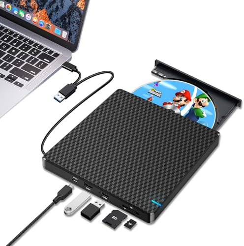 Guamar External CD DVD Drive: USB-C CD Burner Portable DVD Player Disc Reader for Laptop PC MacBook Mac Windows 11/10 with SD/TF Slot/2 USB Ports Plug & Play (Black)