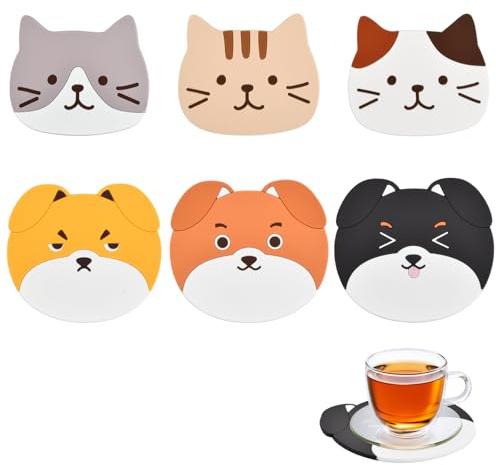 6 Pezzi Sottobicchieri in Silicone Gatto e Cane, Sottobicchiere Carino Antiscivolo e Resistente al Calore, Lavabile Riutilizzabile per Caffè Tè Vino Cucina Tavolo Ufficio Regalo
