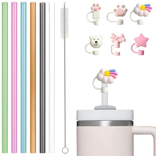 AEMCHDM 13 Piezas 10mm Tritan transparente Pajitas, 31CM 6 Pajitas De Colores Para Stanley Cup de 40 oz y 30 oz, CañItas con 6 Tapones de Silicona para Pajitas y 1 Cepillo de Limpieza, sin BPA