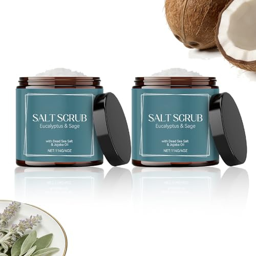 Dött havssalt kroppsskrubb, kokosolja & jojobaolja fuktgivande peeling, mild kroppsduschskalning för slätare, återfuktad hud, jämn hudton skrubb för kvinnor (114 g-2 st)