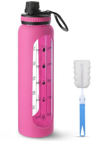 ZAHRVIA Borraccia in Vetro da 1 Litro – con Spazzola, Custodia in Silicone, Scala di Idratazione – Bottiglia per Bevande Gassate – Senza BPA (Fucsia)