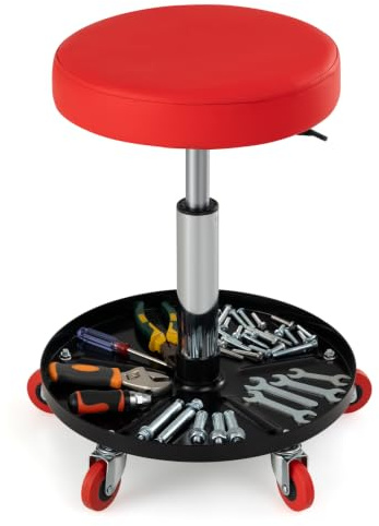 COSTWAY Pneumatic Rolling Mechanic Stool with Tool Tray & Adjustable Height | Wheels, 150kg Capacity, Swivel Roller Creeper Seat, Garage Workshop Padded Chair, for Garage Workshop Factory