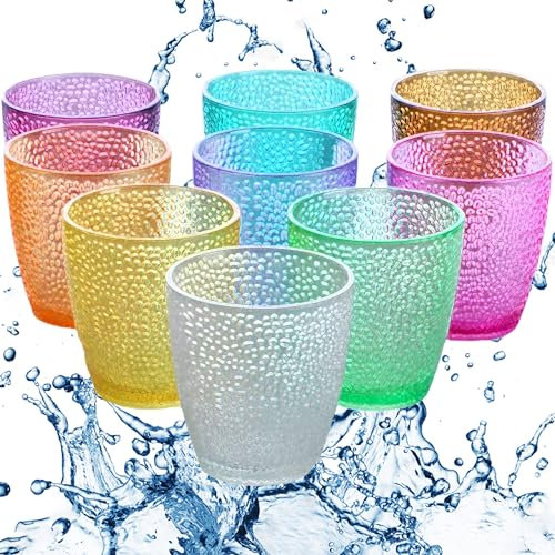 MINGZE Vasos De Plástico Acrílico, Irrompibles Apilables Colores Copas Bar Vaso De Cerveza, Para Picnic Camping Playa Fiesta Cumpleaños, Niños Para Té, Café, Leche (Juego De 9, 300ML)