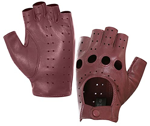 Harssidanzar mujer piel de oveja guantes de conducción de cuero sin dedos dedo medio forrado GL012,Borgoña,talla L