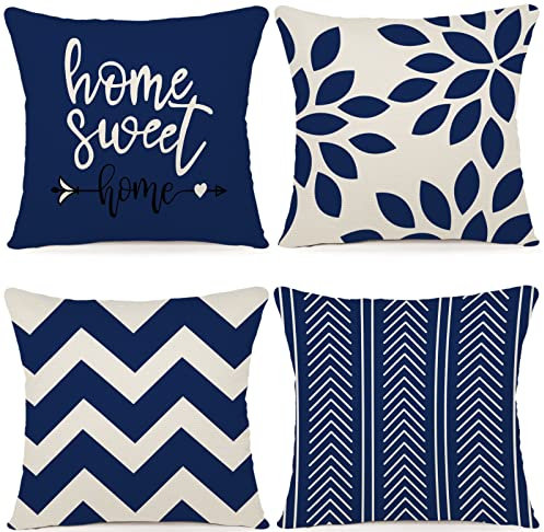 ZWJD Kissenbezug 40x40 4er Set Dekokissen Kissenbezüge Dekoration Outdoor Kissenbezüge Leinen Dekokissen für Schlafzimmer, Sofa, Stuhl, Bett, Garten (40 x 40 cm,Dunkelblau