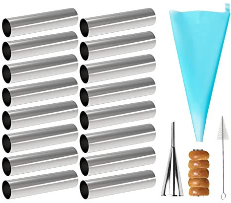Cannoli Röhrchen, FantasyDay 19 Stück Schillerlockenform aus Edelstahl Schaumrollen Hörnchen Sahnerollen Schaumrollenformen mit Reinigungsbürst - Kuchen Spritztüllen Spirale Horn Backform Backzubehör