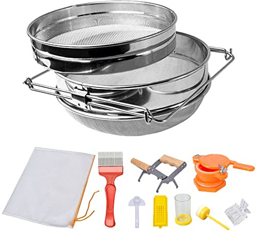 Honigernte Honigsieb Imkerei Werkzeug Kit 9 Stück Doppel Honigsieb Edelstahl Honigfilter Honigtor Rahmen Griff Entdeckelgabel Queen Marker Tube Feeder Honig Filtertasche