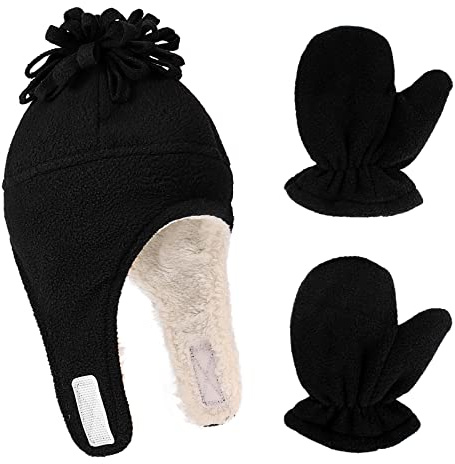 LACOFIA Cappellini Beanie e Manopole Caldo Pile per Neonato Berretto da Pilota Invernale con Paraorecchie e Guanto da Bambino Nero 1-3 Anni