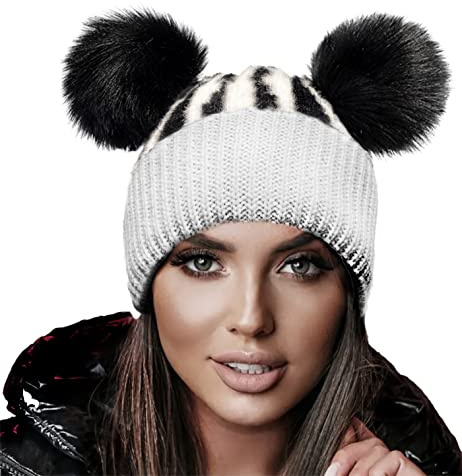 4sold Miki Bonnet d'hiver en laine tricotée avec 2 pompons - pour femme et fille - pour le ski et le snowboard (coloré), blanc, taille unique