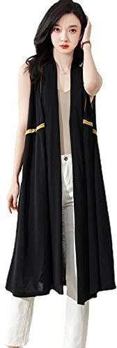 Gilet Donna,Gilet Estivo Da Donna Con Scollo A V Gilet Cardigan Sottile Lavorato A Maglia In Seta Di Ghiaccio Nero Taglio A Righe Di Media Lunghezza Gilet Lavorato A Maglia Senza Maniche Gilet Cappo