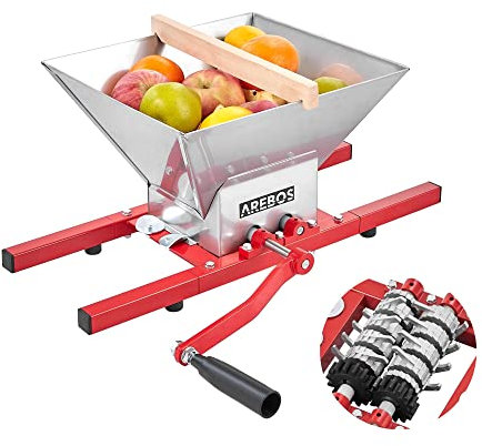 Arebos Fruit Mill 7L | Berry Mill Fruit Press | Fruit Chopper with Hand Crank | Grape Mill with Stainless Steel Funnel & Filler Tube | Mash Mill | Mill for Cider, Apple Press Manual