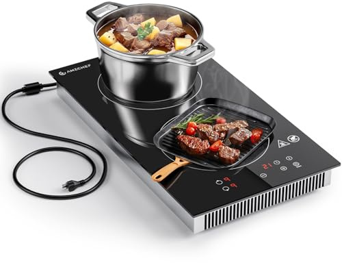 AMZCHEF Induction Cooktop 2 Burners, 12 Inch Bulit-in & Countertop Induction Stove with Plug 110V-120V, 9 Power Levels Electric Stove 1800W, Safety Lock, Timer, Touch Control for Fast Cooking