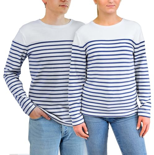 Breizh Ocean - Marinière Coton Bio, du XS au 4XL, Matière Épaisse - Création Française LANESTER - Tee Shirt Manches Longues Homme ou Femme - Tshirt Homme ou Femme Rayé