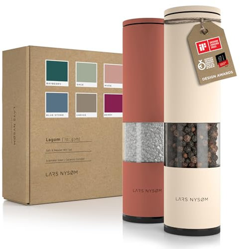 LARS NYSØM Salz und Pfeffer Mühle 2er Set Manuell mit einstellbarem Keramik-Mahlwerk von grob bis fein I Design Gewürzmühlenset (2 Stück) (Red/Beige)