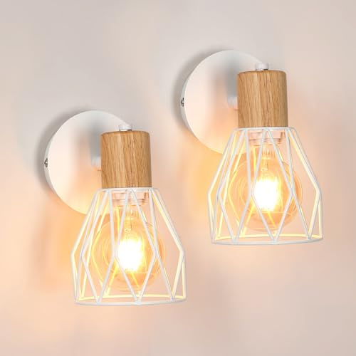 Comely Lámpara de pared de jaula blanca cómoda en madera y metal - Set de 2, 14,5x12x18cm, E27, Country Design, Sin iluminación