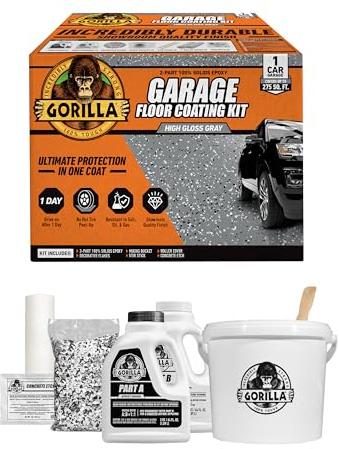 Gorilla Epoxy Garage Floor Coating (7 pc) Kit, 1-Car, Concrete Flooring, 100% Solids, Superior Adhesion, Incredibly Durable High Gloss Gray Finish, 275 sq. ft. Coverage