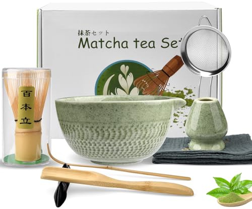 Pipihome Matcha Kit, 8 Pezzi Set con Frusta Matcha e Supporto, Ciotola in Ceramica, Cucchiaio, Misurino, Setaccio e Strofinaccio, per Natale e Compleanno per Gli Amanti del Matcha, Autentico Rituale