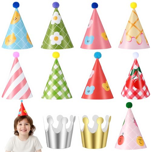 CIATBYYJ Cappelli per feste di compleanno per bambini, confezione da 11 tappi colorati a forma di cono per feste di compleanno, corona di carta per bambini, animali domestici, decorazione per feste
