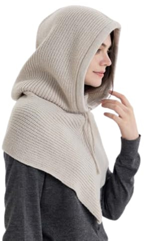 HEYANN Gorro de punto pasamontañas para mujer, gorro de calavera, gorro de invierno para mujer, bufandas largas, cordón resistente al viento, bufanda 2 en 1, gorro cálido con capucha para mujer, beige