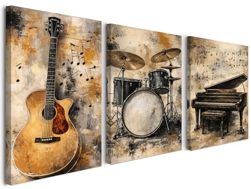 Alptiny Set di 3 poster da parete per soggiorno, 30 x 40 cm, con cornice – Musica su tela per chitarra e pianoforte, poster moderni e decorazione da parete per soggiorno, stampa HD, con gancio e