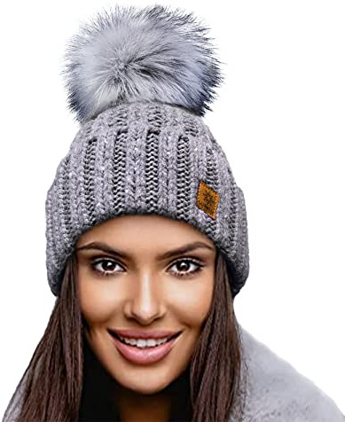 4sold Winter Autunno Inverno Cappello Cristallo più Grande Pelliccia Pom Pom Invernale di Lana Berretto delle Signore delle Donne Beanie Hat Pera Sci Snowboard di Moda (Grey)