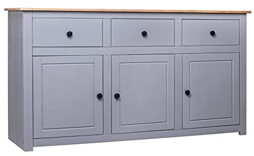 vidaXL Pin Solide Buffet Armoire à Tiroirs Commode Dressoir Armoire de Rangement avec 3 Tiroirs et 3 Portes Salon Chambre à Coucher Maison Gris 135x40x80 cm