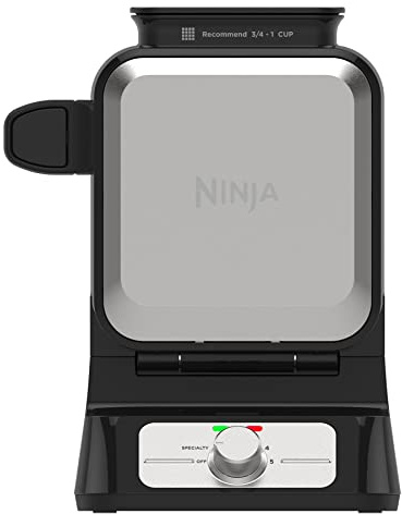 Ninja Belgian Waffle Maker Pro | Vertical Design | 5 Shade Settings with Precision-Pour Cup & Chef-curated Recipe Guide | Black & Silver | BW1001