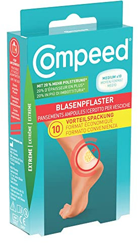 Compeed Extreme Cerotti per vesciche medie o grandi. Lunga durata e resistenti all'acqua. Struttura a nido d'ape offre il 20% in più di imbottitura, 10 Cerotti. Pack 100% plastic free