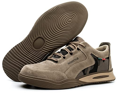 Micoklinlin Mens Steel Toe Cap Trainers Work Welding Shoes Lightweight Breathable Suede Leather Safety Shoes for Casual Puncture Proof Anti-slip Hiking Shoes Khaki