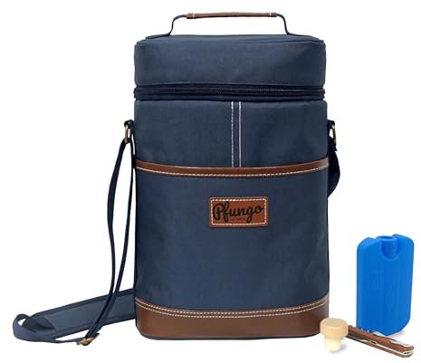 PFUNGO Sac à Vin - Transport Élégant et Pratique pour 2 Bouteilles, Isolant, Antichoc, Bleu Marine, 4 L, Sac à Vin pour Cadeaux, Voyage et Dégustation