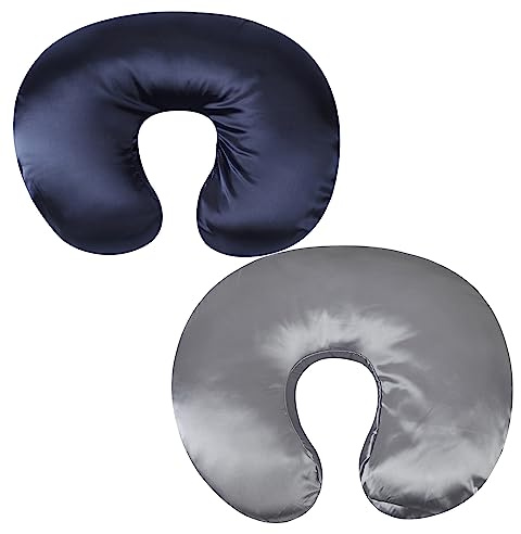 Lot de 2 housses de coussin d'allaitement en satin de soie ultra douce compatible avec Boppy - Protège les cheveux et la peau de bébé - Gris et bleu marine