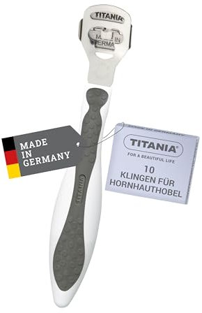 TITANIA Hornhauthobel mit 10 Ersatzklingen • Hornhautentferner aus rostfreiem Edelstahl • Qualitäts-Hornhautschneider • Made in Germany • Hornhaut-Hobel, Grau