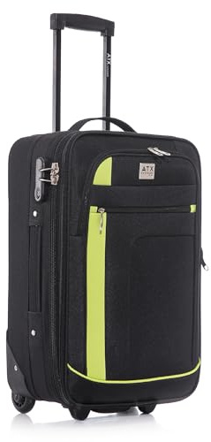 ATX Luggage 55x35x20cm Cabin Suitcase-Lightweight Softshell Carry-ons Approved for Ryanair EasyJet British Airways with 2 Wheels and Built-in Combination Lock (Black/Lime, 48 Liter)