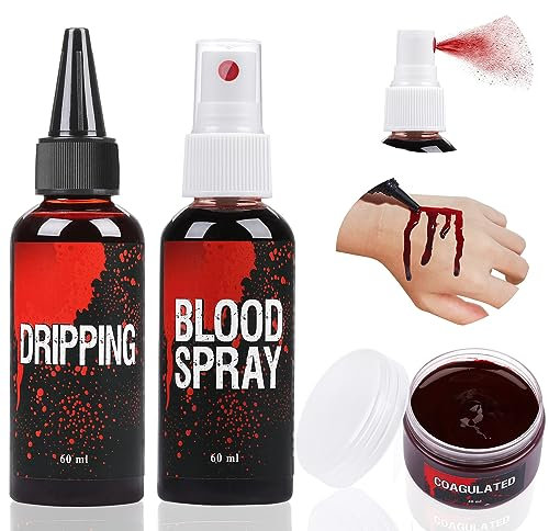 Ensemble de faux sang - Spray de 60 ml et 60 ml de sang coulant et gel coagulé de 40 ml - Maquillage de faux sang lavable pour vêtements, zombie, vampire et déguisement (ensembles)