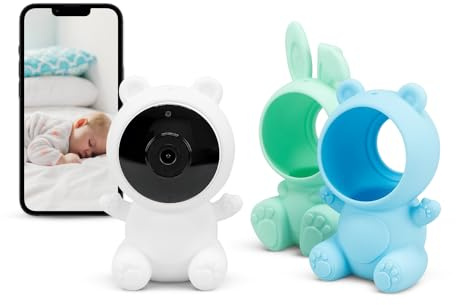 Garza - Caméra de Surveillance pour bébé HD 1080p avec capteur de température, Vision Nocturne, détection des Pleurs, berceuses, Bruit Blanc et Wi-FI 2,4 GHz. (3 étuis + Support)