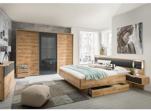 Lomadox Schlafzimmer Set 5-teilig mit Bett 160x200, LED-Beleuchtung, Schwebetürenschrank 273cm mit Passepartout, Bettschubkästen, Kommode in Graphit mit Eiche Modern